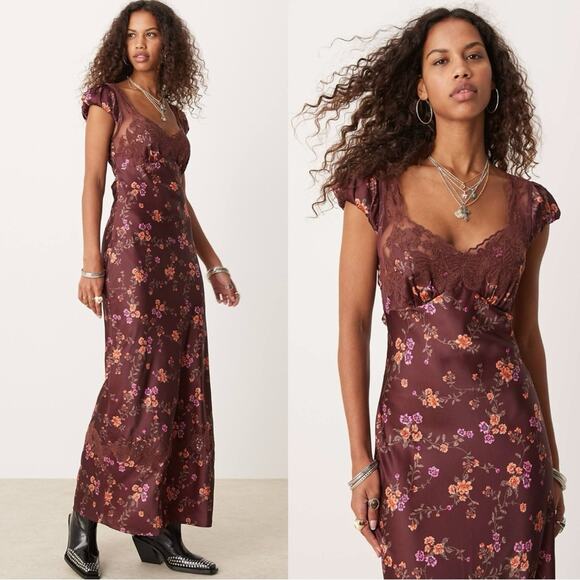 Free People Dainty Lace Retro 90s Butterfly Babe Maxi Dress Brown Combo Medium - Picture 5 of 16